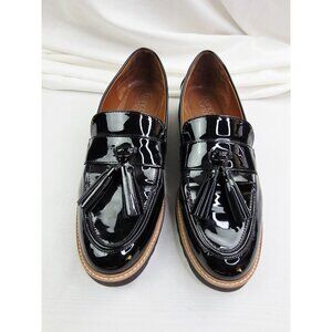 Franco Sarto Size 9.5M Women Carolynn Black Patent Leather Tassel Accent Loafers